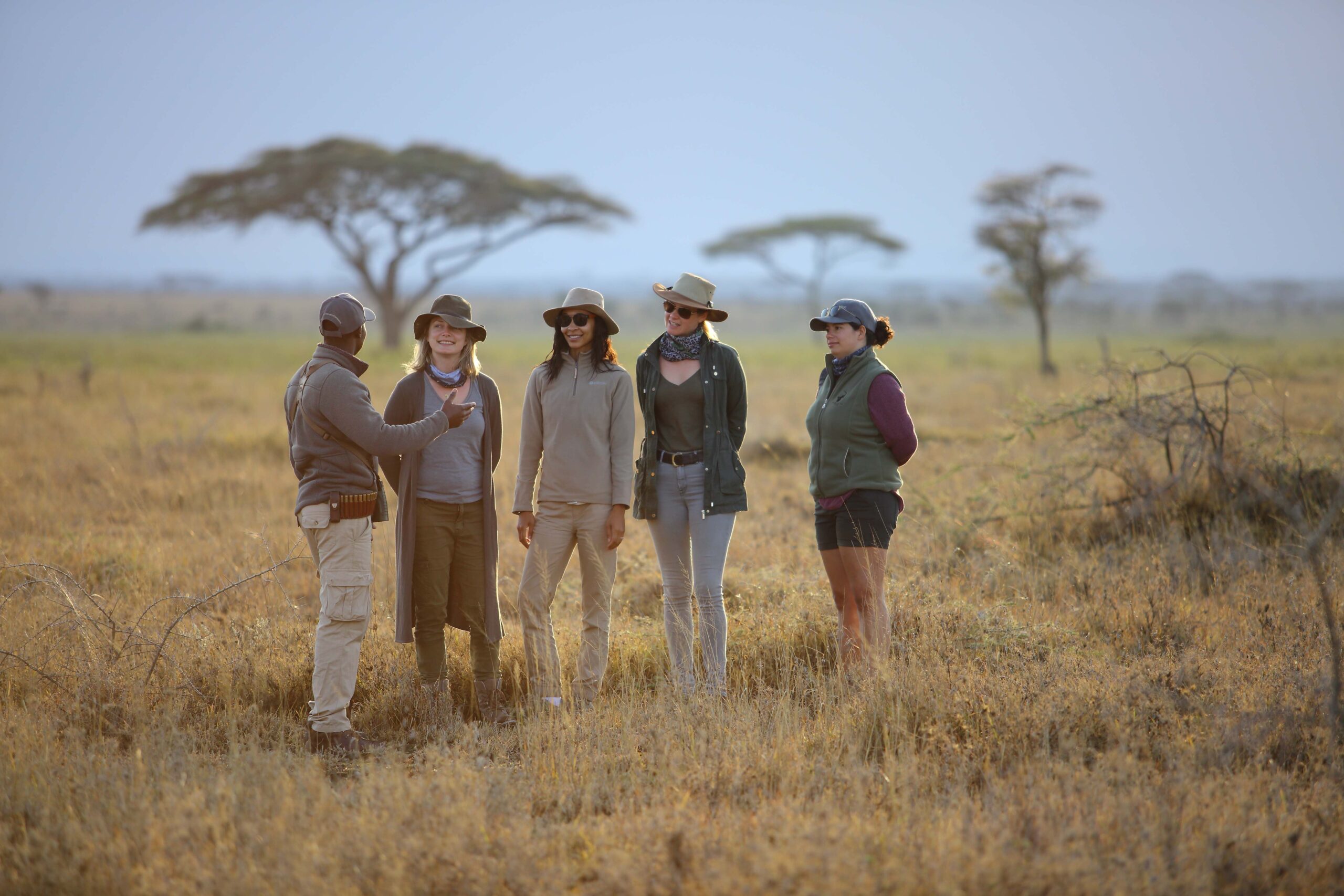 Group on a walking safari at sunrise with a guide.