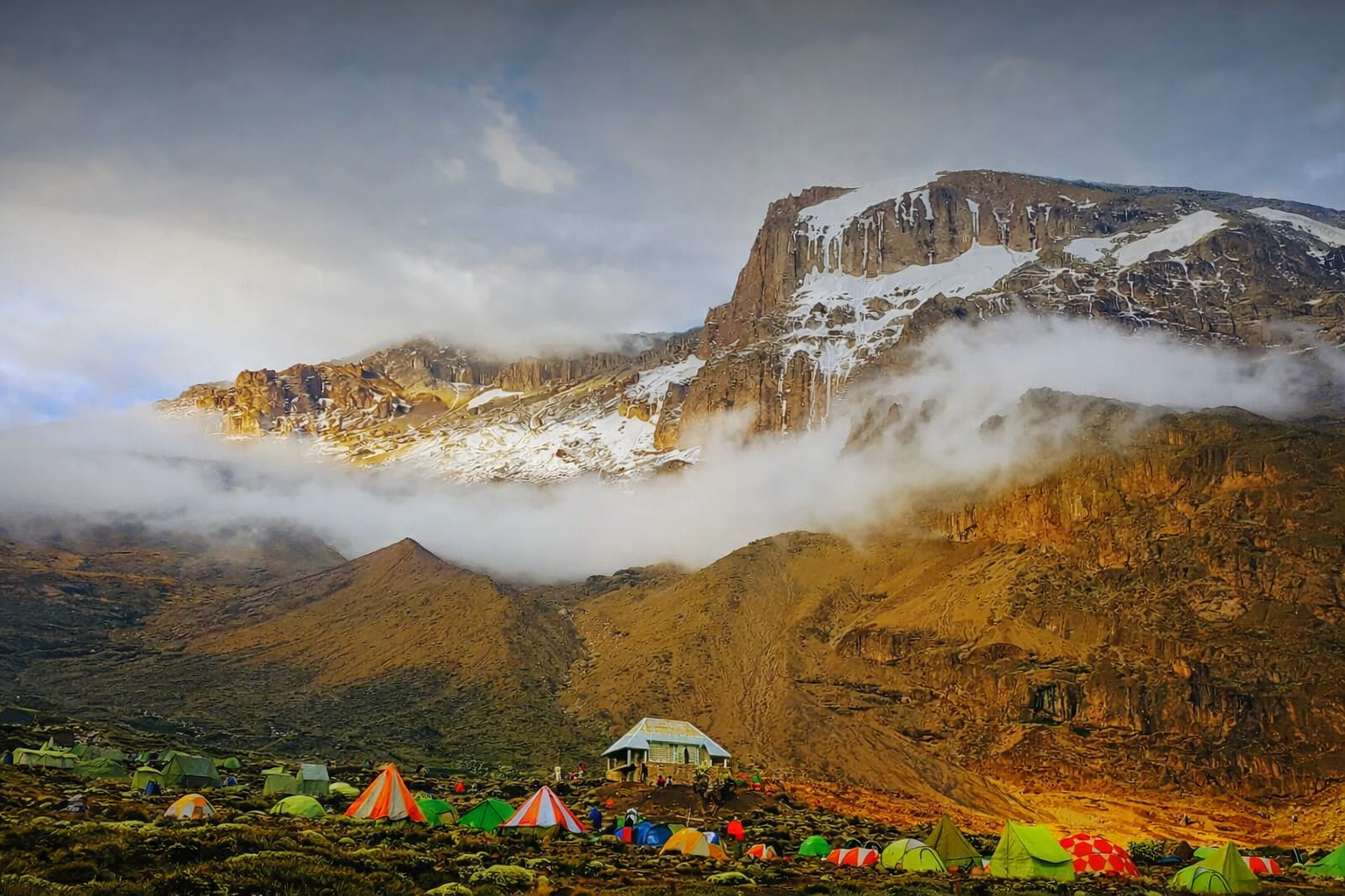 Sunset view of tents at Machame Route 7 Days camp